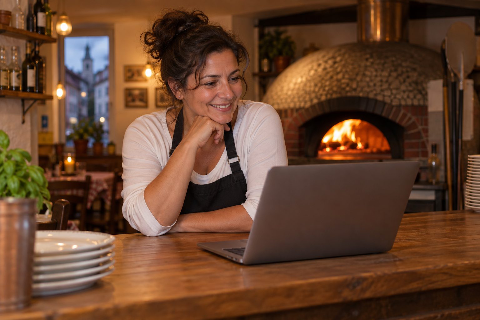 Inhaberin einer Pizzeria mit Laptop am Tresen
