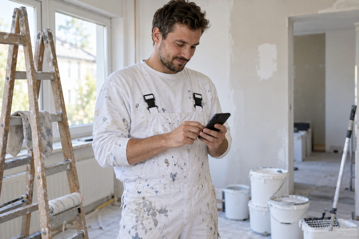 Handwerker schreibt in seiner Werkstatt eine Nachricht am Handy